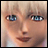 Pixelated anime-style face with blonde hair and blue eyes on left, black background with white text on right.