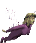 A figure in a purple bodysuit with a green headband flies leftward against a gray background, emitting particle effects from its back.