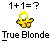 Pixelated yellow figure with white face and orange limbs in multiple poses beneath text reading "True Blonde" on gray background.