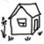 Pixelated grayscale icon depicts a house with a door, window, and chimney, surrounded by scattered small shapes resembling tools or debris.