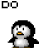 Pixel art contact sheet of a dancing penguin animation with text labels, showing multiple frames and poses on a white background.