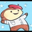 Pixelated character with red beret and white shirt waves against light blue background with white snowflakes.