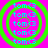 Four identical circular icons with green rings and cyan text on a pink background, arranged in a