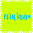 Bright lime green background with white square border, four identical blue pixelated text blocks reading 'niki8a' with heart symbols, arranged in a