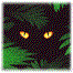 A pixelated image of glowing yellow eyes in a dark green forest background, with the eyes shifting from wide open to narrowed slits
