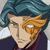 Pixelated anime-style character with teal hair and orange eye mask, wearing dark blue garment with white collar.