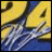 Pixelated yellow background with dark blue and white abstract shapes resembling a stylized figure or object in motion.