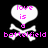Pixelated icon with white heart-shaped speech bubble containing pink text 'love is a' above white crossbones on black background, with pink text 'battlefield' below.