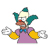 Pixelated character with teal and white hat, purple robe, blue bow tie, yellow shoulder pads, brown face, red nose, holding gray smoke rings.