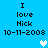 Blue background with black text reading "I love Nick 10-11-2008" repeated twice, two white pixel hearts, and one light blue pixel heart.