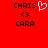 Red background with black text 'CHRIS', '<3', and 'CARA' arranged vertically; white pixelated heart symbol appears next to 'CHRIS'.