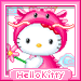 Hello Kitty character in pink dragon costume holding a flower, displayed across with varying eye expressions