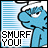 Blue cartoon character with white hat and closed eyes, standing against light blue striped background with "SMURF YOU!" text below.