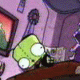 Green cartoon character with large white eyes and black pupils shifts from leaning forward to turning right, then bends over a brown table in a purple room with framed artwork.