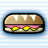 Pixelated sandwich with brown top bun, white icing drips, pink filling, yellow pickles on beige bottom layer against light blue striped background.