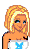 Pixelated cartoon woman with blonde hair wearing a white tube top with blue design, next to text on pink background.