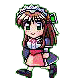 Pixel art character with brown hair and green eyes in multiple poses showing walking, standing, side view, and back view.