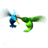 Animated sequence of two hummingbirds interacting against white background, one blue with yellow beak and orange feet, the other green with yellow beak.
