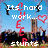 Animated pixel art showing a group of people performing stunts with text overlays and heart symbols.