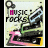A static digital icon with 'MUSIC ROCKS' text, a stylized speaker graphic, and pink, green, yellow, black, white, and purple color scheme.