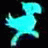 A 48x48 pixel animated buddy icon featuring a turquoise cartoon character on the left and text elements on the right against a black background.