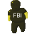 Pixelated figure in dark uniform with yellow accents and "FBI" text on chest, standing against gray background.