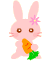 A 5-frame animated contact sheet of a pink cartoon bunny with flower on head, holding various objects across frames against gray background.