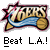Pixelated graphic with stylized text and a blue wave-like shape on a gray background, below which reads "Beat L.A.!" in blocky font.