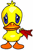 Yellow duckling with blue eyes, orange beak and feet, red scarf; two static poses show different eye shapes.