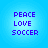 Four identical blue gradient backgrounds each display purple pixelated text reading PEACE LOVE SOCCER in three lines.