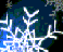 Pixelated white snowflake with branching arms against dark blue and black background, some greenish accents on edges.