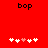 Red background with black 'bop' text at top, five white plus signs below, and one pink plus sign in the center of the