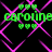 Green text 'caroline' repeats across a black background with pink diamond-shaped lines, each text instance flanked by three green heart icons.