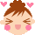 Pixelated cartoon girl with brown hair in a bun, pink cheeks, and closed eyes smiling under floating pink hearts.