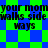 Pixelated text repeats 'your mom walks side ways' over a blue and green checkered background with alternating diamond and square patterns.