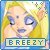 A 3x3 contact sheet of a pixel art animated icon featuring a blonde faerie character with blue facial markings and closed eyes, labeled "BREEZY" in a blue banner at the bottom of each frame.