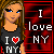 A 3x3 contact sheet of pixelated animated frames showing a cartoon woman with long brown hair wearing a black t-shirt that reads "I ❤️ NY" against a red grid background, with subtle variations in text color and character expression across frames.