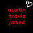 Black background with red pixelated text 'austin travis james' repeated twice and a white pixelated heart symbol above the left text block.