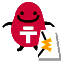 Red oval character with black limbs and white T-shaped symbol on chest, holding or interacting with a white rectangular object featuring an orange star-like shape.