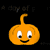 Pixelated orange pumpkin with curved stem, white eyes with black pupils, and a smiling mouth on dark background.