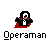 Pixel art of a penguin in black and white with red accents, wearing a cape, positioned above the text 'Operaman' on a gray background.