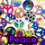 Pixelated collage of peace symbols with 'Peace' text, heart pattern background with 'Love' text, and yellow smiley face with 'Happiness' text.