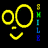 Animated contact sheet of a yellow smiley face icon with vertical "SMILE" text, showing five sequential frames where the smiley's eyes and text colors shift through blue, green, cyan, and purple hues against black background.