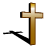 Pixelated golden cross with black shadow on white background, rendered in 8-bit style.