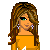 Pixel art avatar of a woman with long brown hair, green eyes, and purple earrings wearing an orange off-shoulder top and red-orange flared pants with black shoes.