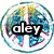 Pixelated circular icon with multicolored abstract background and bold black-and-white text overlay reading 'aley' in lowercase.