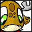 Pixelated cartoon creature with brown spotted head, green eyes, white mouth area, and gray antlers in a