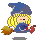 Pixel art witch with blonde hair, blue hat and dress, holding broom and red object; eyes alternate between closed and open states.