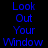A static contact sheet of a text-based animated icon with blue and red pixelated text on black background, displaying phrases like "Look Out Your Window" and "Surrender" in different frames.