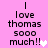 Pink background with black text reading 'I love thomas sooo much!!' and a pixelated heart symbol, showing animation changes in heart color and position.